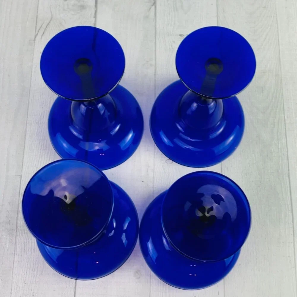 Dark Cobalt Blue Stemmed Sherbet Dessert Margarita Welled Glasses Set of Four